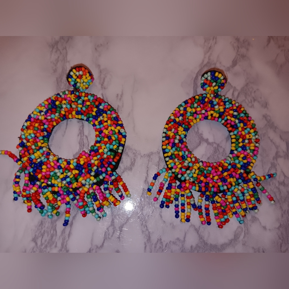 Earrings Beaded 🌈 Rainbow Multi-Colored Sprinkles Fringed Dangle Gorgeous Fancy